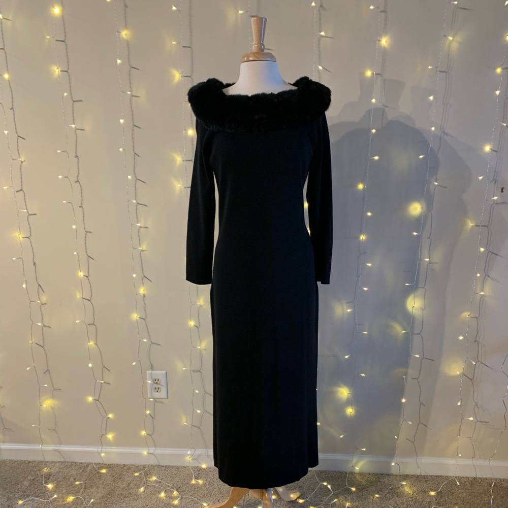 Dana Buchman Black Knit Dress with Faux Fur Collar, Size Large
